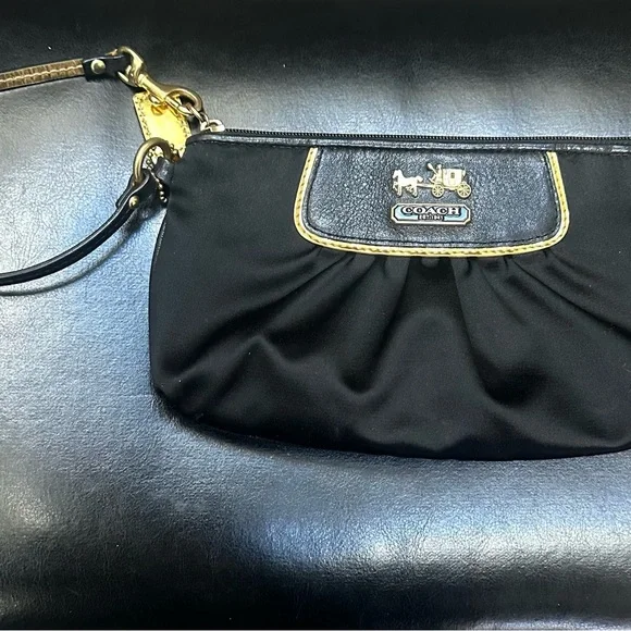 Coach Black Satin wristlet with horse & carriage logo. EUC - Picture 3 of 8